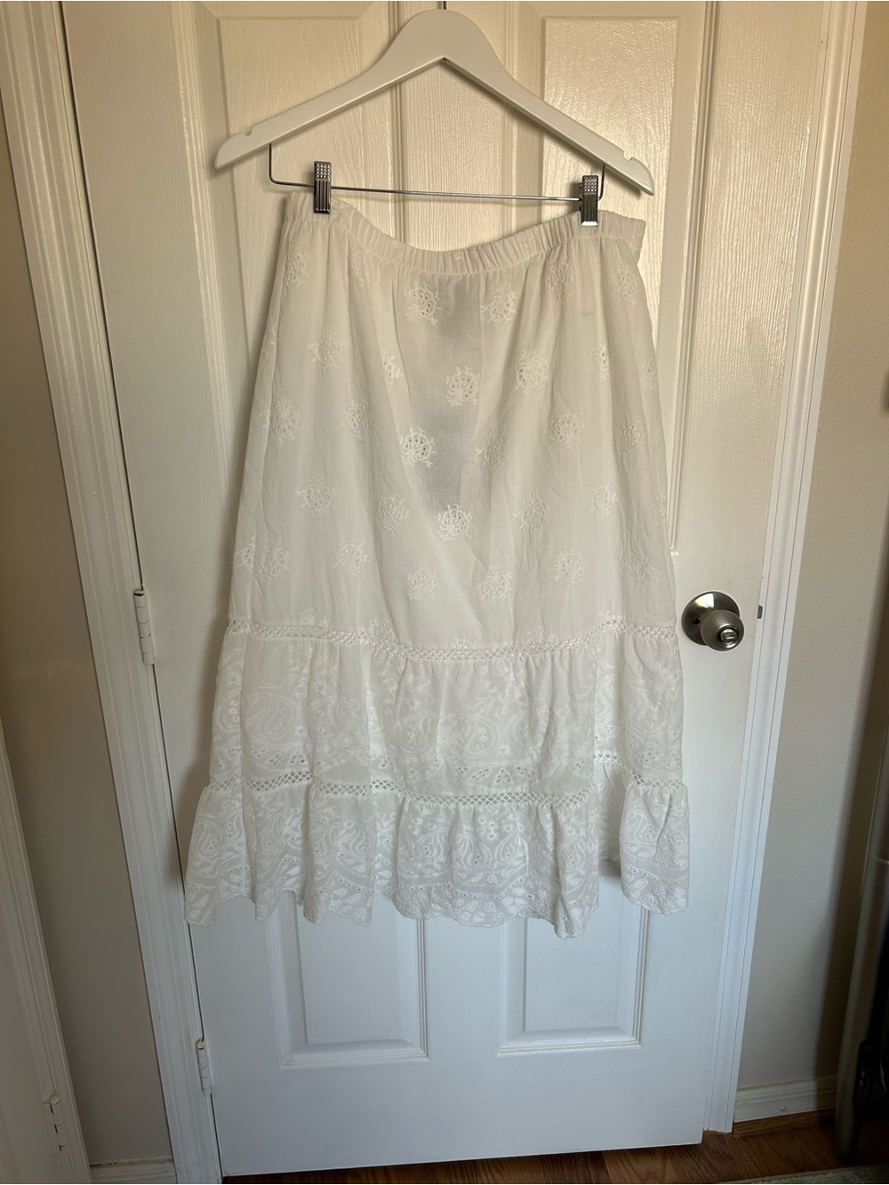 White Eyelet Tiered Maxi Skirt with Ruffle Hem